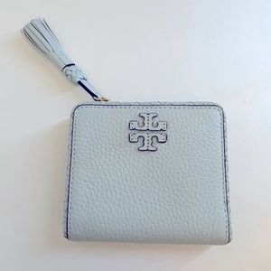 Pale Blue Tory Burch wallet. Zipper coin slot. Perfect condition.
